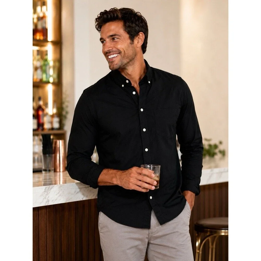 J Crew Button Black Down Shirt Mens M Black Long Sleeve Cotton Secret Wash BJ706